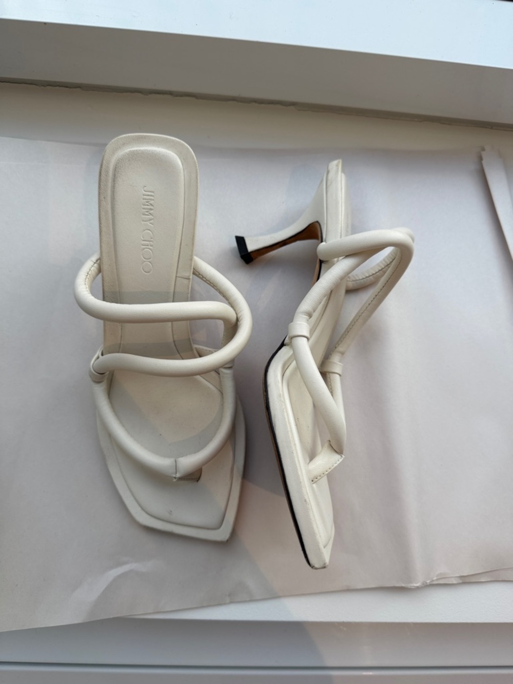 Jimmy Choo White Knotted Strap Square-Toe Heeled Sandals